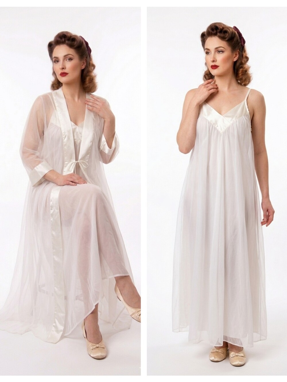 Vintage Sheer White Peignoir Set Maxi Nightgown & Robe Lingerie Size Small